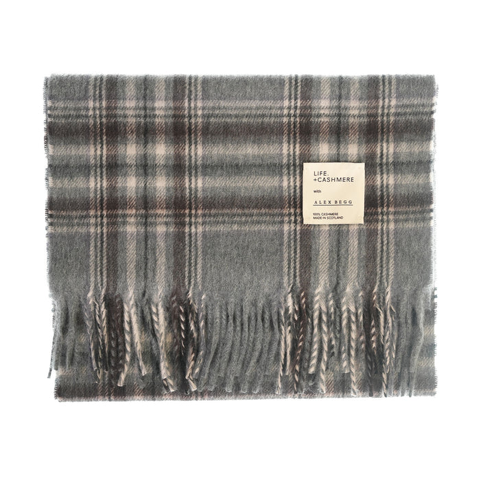 Balmoral 100% Cashmere Woven Scarf Tartan and Checks - Made in Scotland - GREY LILAC