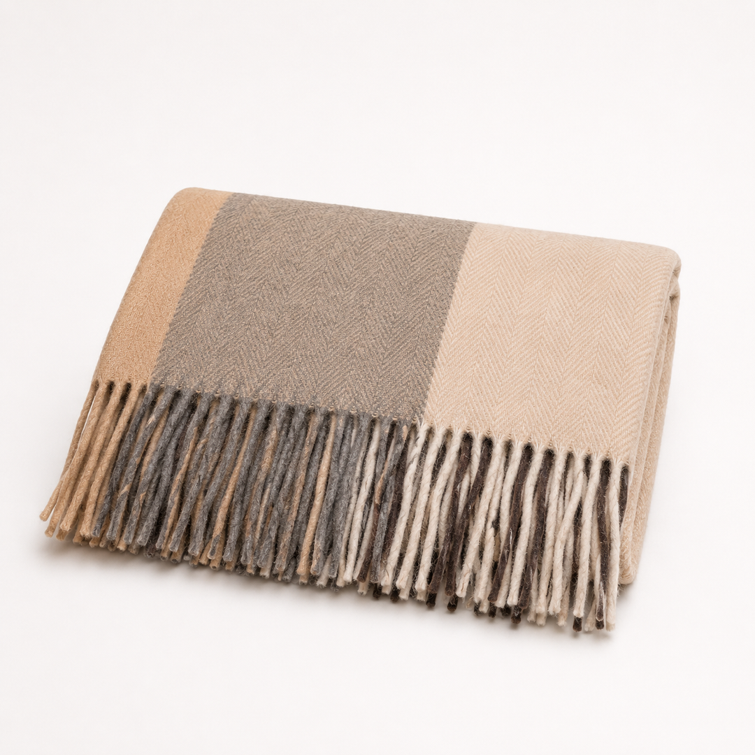 Highland Earth Tone Block Check Recycled Wool Blend Blanket - SOFT STONE