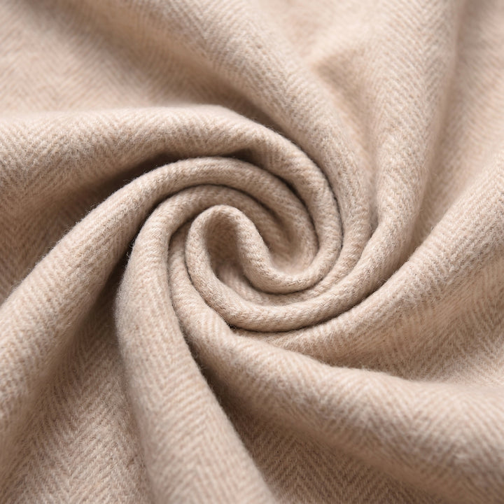 Recycled Wool Herringbone Blanket with Fringe - Soft Warm Throw - OATMEAL