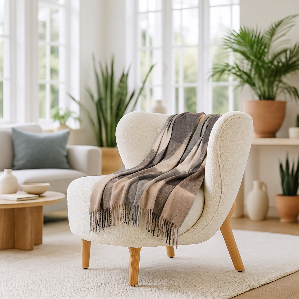 Highland Earth Tone Block Check Recycled Wool Blend Blanket - SOFT STONE