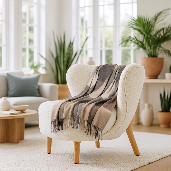 Highland Earth Tone Block Check Recycled Wool Blend Blanket - SOFT STONE