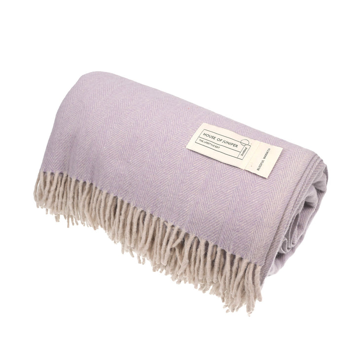 Recycled Wool Herringbone Blanket with Fringe - Soft Warm Throw - HEATHER