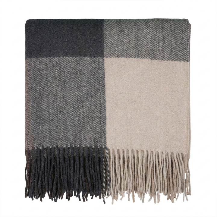 Highland Earth Tone Block Check Recycled Wool Blend Blanket - NATURAL TAUPE