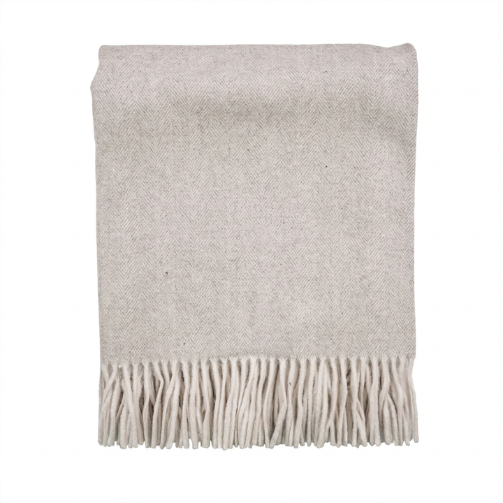 Highland Herringbone Wool Blend Throw Blanket with Tasselled Fringe - GREY MEDIUM
