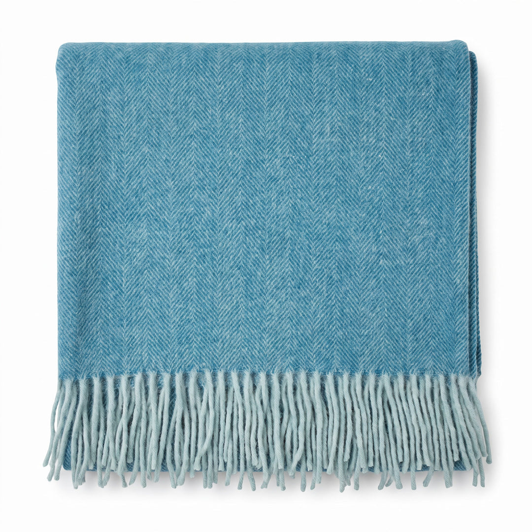 Highland Herringbone Wool Blend Throw Blanket with Tasselled Fringe - TURQUOISE