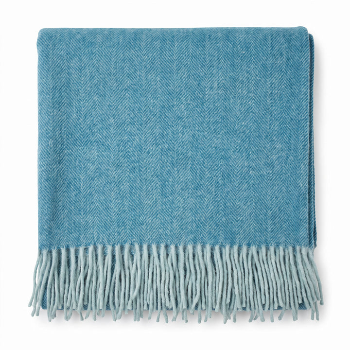 Highland Herringbone Wool Blend Throw Blanket with Tasselled Fringe - TURQUOISE