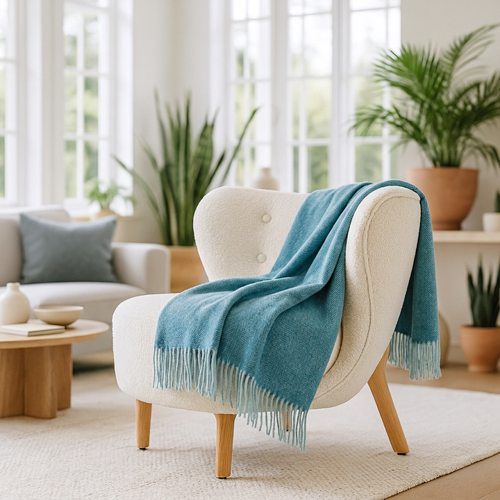 Highland Herringbone Wool Blend Throw Blanket with Tasselled Fringe - TURQUOISE