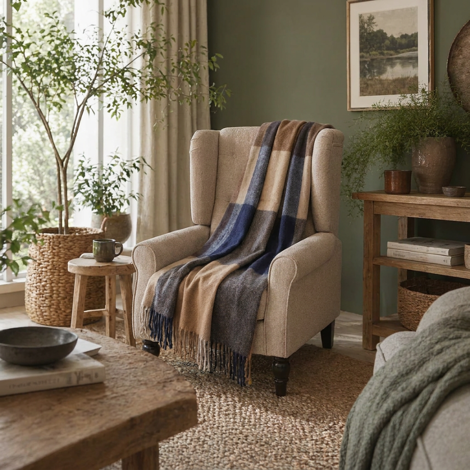 Highland Earth Tone Block Check Recycled Wool Blend Blanket - CAMEL NAVY