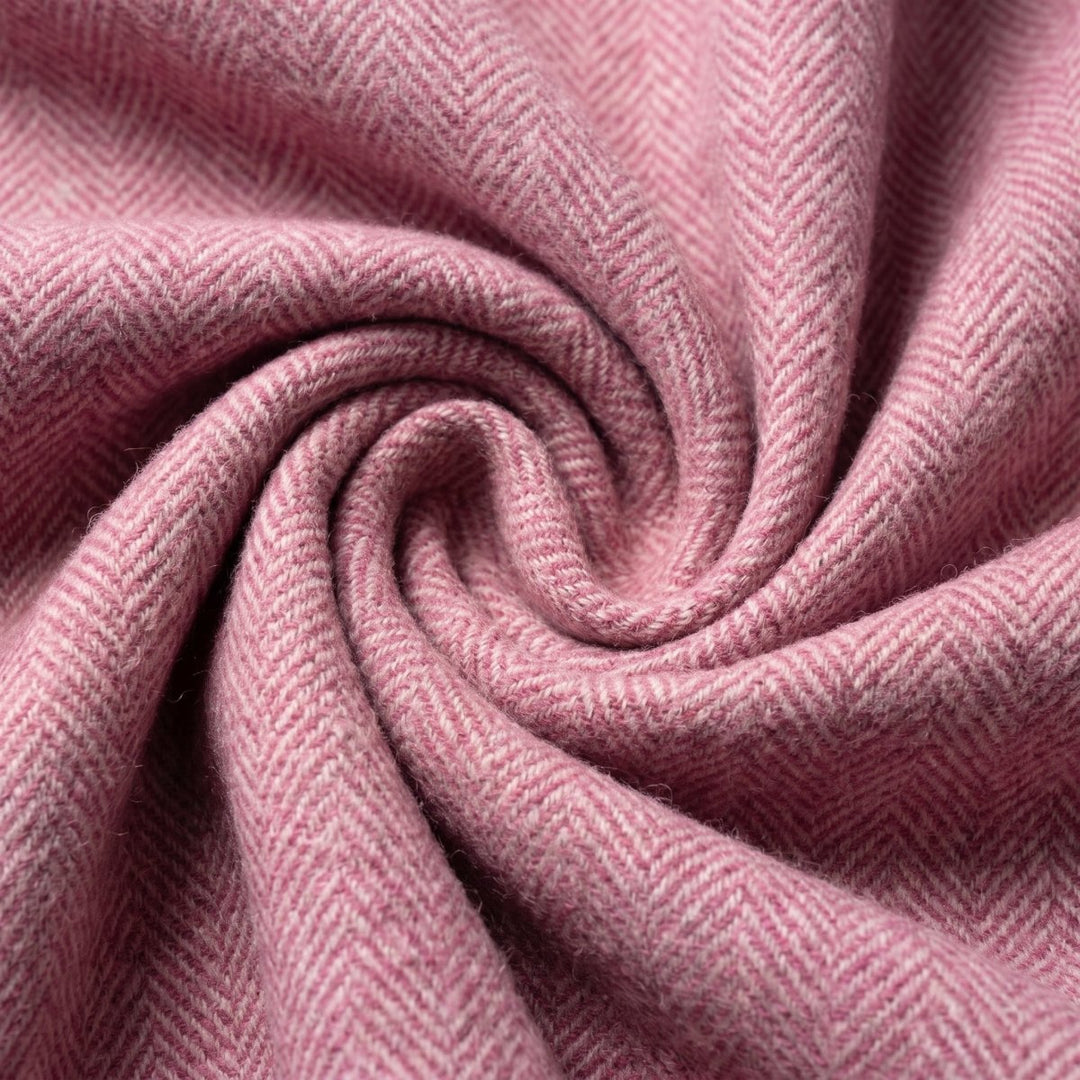 Recycled Wool Herringbone Blanket with Fringe - Soft Warm Throw - PINK
