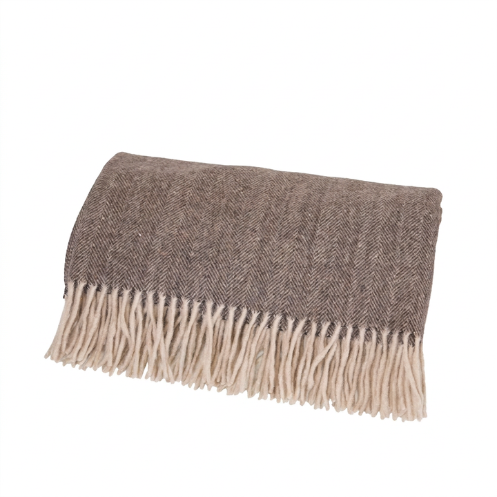 Highland Herringbone Wool Blend Throw Blanket with Tasselled Fringe - DEEP BROWN