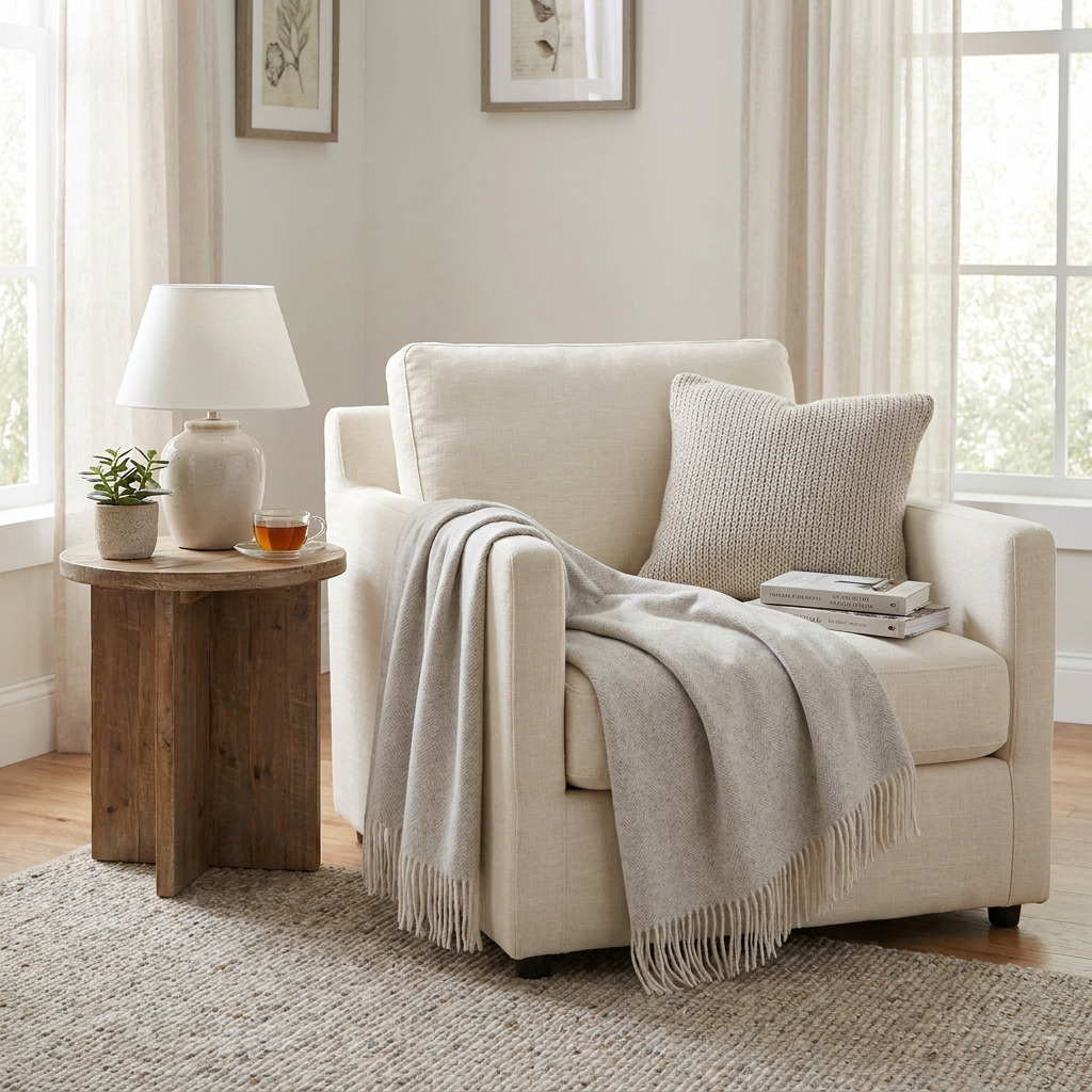Highland Herringbone Wool Blend Throw Blanket with Tasselled Fringe - GREY MEDIUM