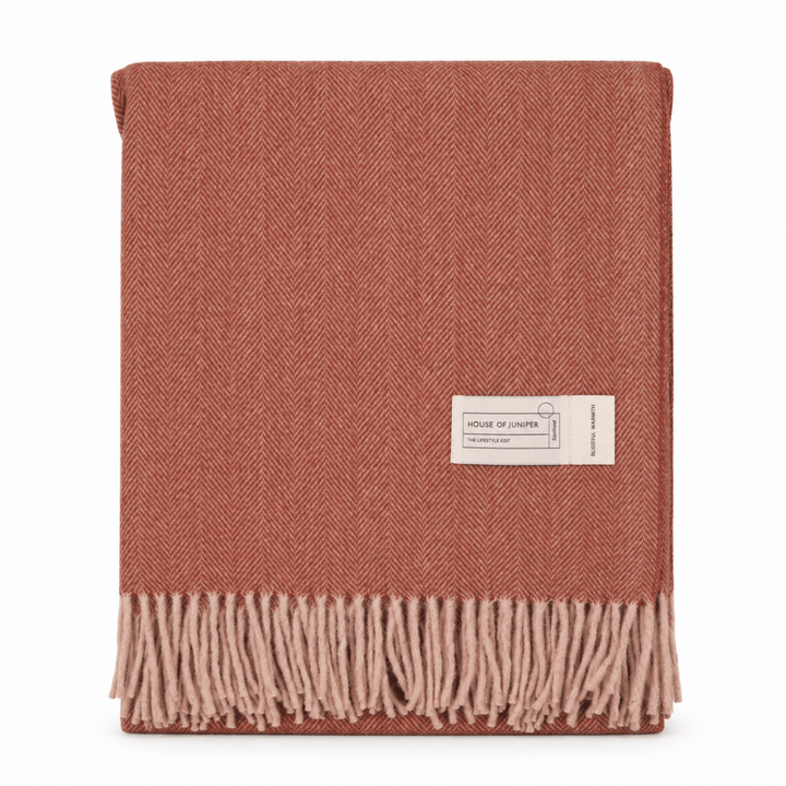 Recycled Wool Herringbone Blanket with Fringe - Soft Warm Throw - SPICE