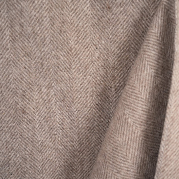 Recycled Wool Herringbone Blanket with Fringe - Soft Warm Throw - TAUPE