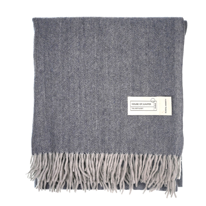 Recycled Wool Herringbone Blanket with Fringe - Soft Warm Throw - DENIM