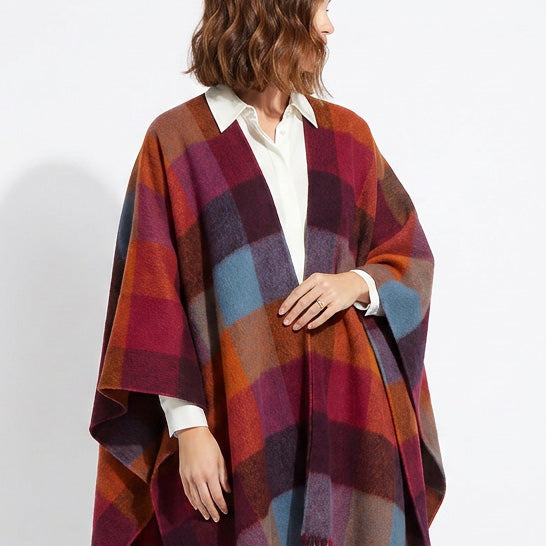 Edinburgh Long Lambswool Tartan Cape – Premium Plaid Wrap - Checkers - Orange - Pink