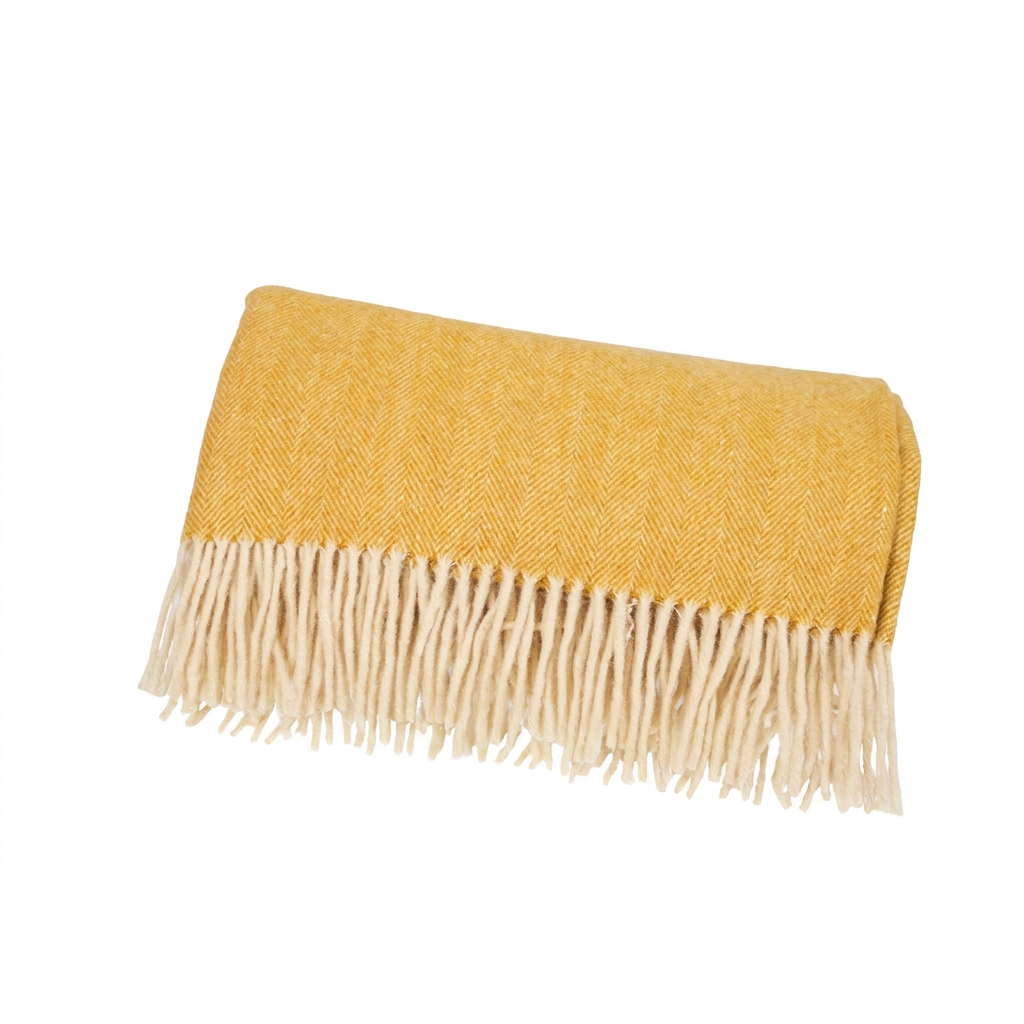 Highland Herringbone Wool Blend Throw Blanket with Tasselled Fringe - MUSTARD