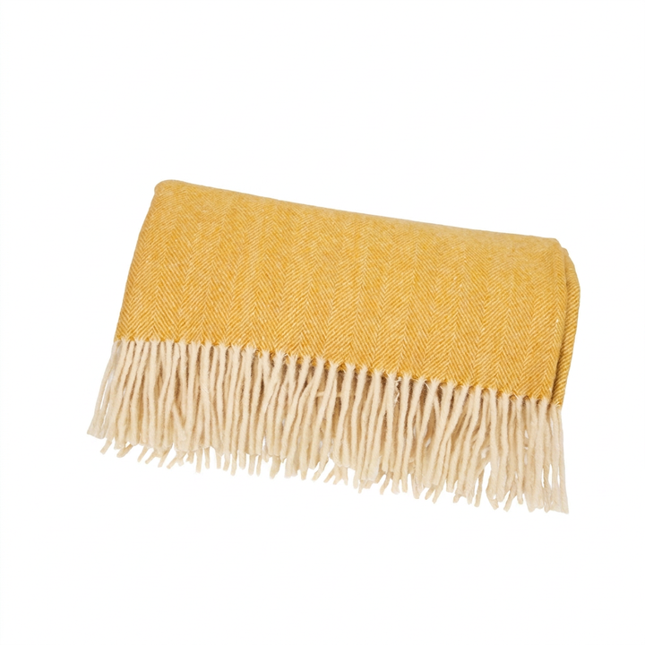 Highland Herringbone Wool Blend Throw Blanket with Tasselled Fringe - MUSTARD