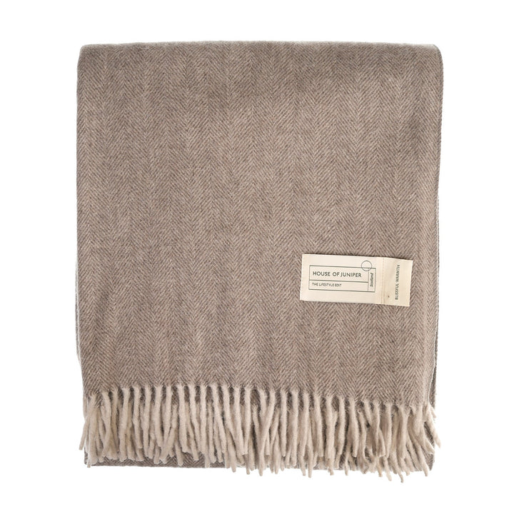 Recycled Wool Herringbone Blanket with Fringe - Soft Warm Throw - TAUPE