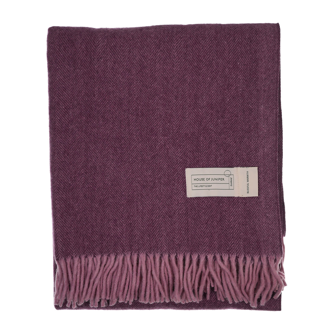 Recycled Wool Herringbone Blanket with Fringe - Soft Warm Throw - GRAPE