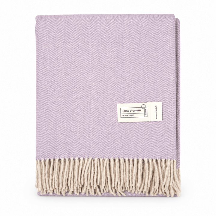 Recycled Wool Herringbone Blanket with Fringe - Soft Warm Throw - HEATHER