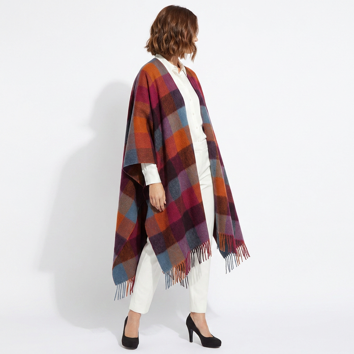 Edinburgh Long Lambswool Tartan Cape – Premium Plaid Wrap - Checkers - Orange - Pink