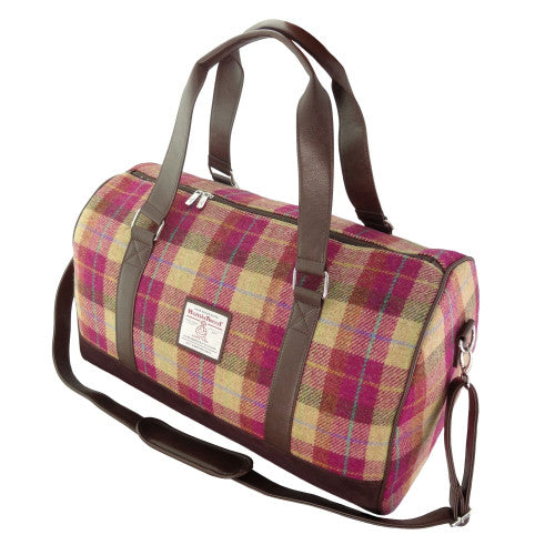 Harris Tweed Clyde Weekend Bag – Spacious Wool Travel Holdall - Burgundy &amp; Sand Tartan (COL159)