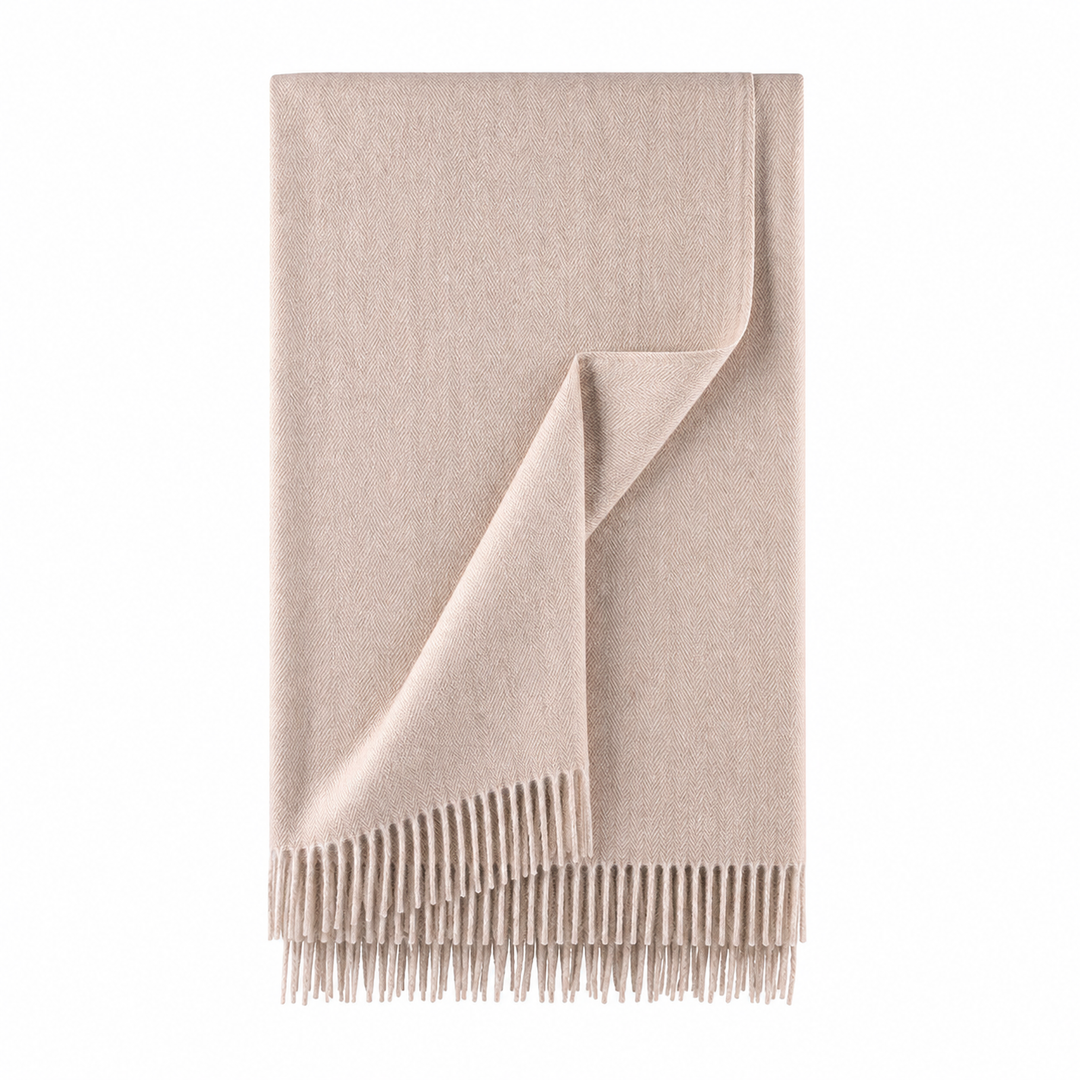Recycled Wool Herringbone Blanket with Fringe - Soft Warm Throw - OATMEAL