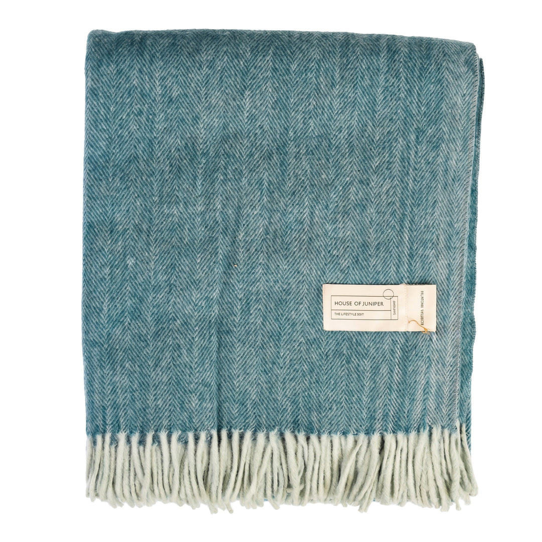 Recycled Wool Herringbone Blanket with Fringe - Soft Warm Throw - TURQUOISE