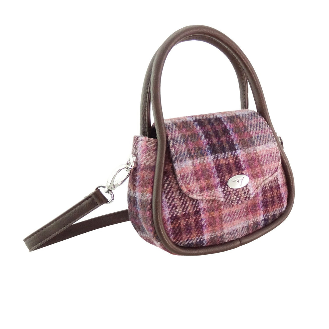 Harris Tweed Buchan Round Mini Handbag - Small Wool Handbag Made in UK - Pink/Burgundy Check (COL154)