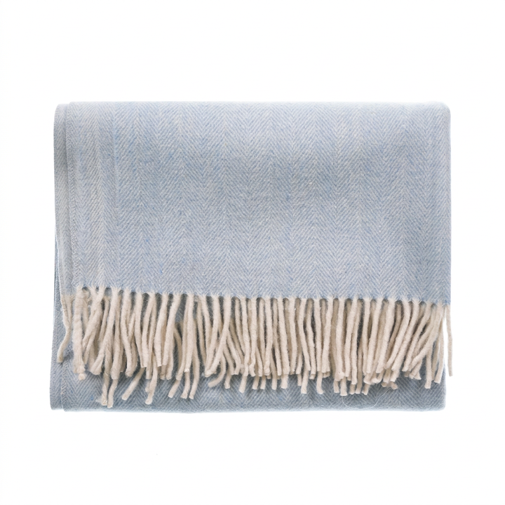 Recycled Wool Herringbone Knee Blanket – Pastel Fringed Throw - CORNFLOWER
