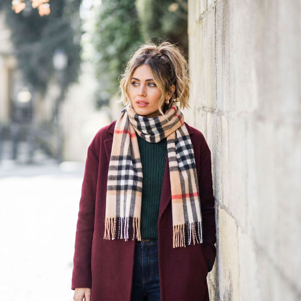 Edinburgh 100% Lambswool Scarf – Premium Soft Wool Wrap - CHEQUER CAMEL AND GREY (24538)