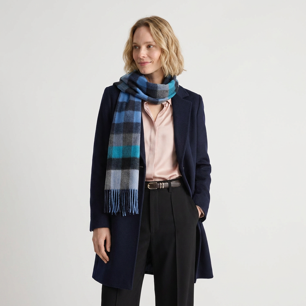 Edinburgh 100% Lambswool Scarf – Premium Soft Wool Wrap - GIANT CHEQUER NAVY/BLUE