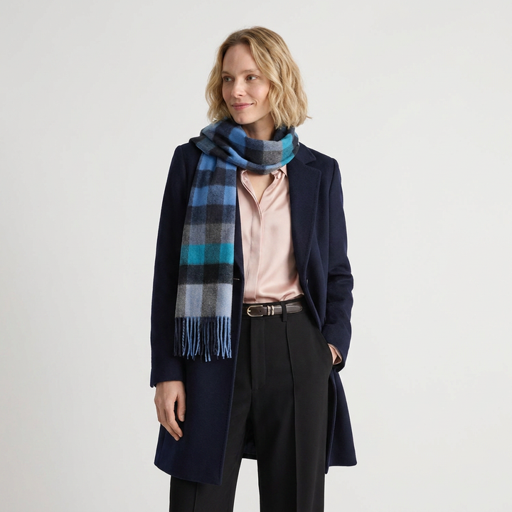 Edinburgh 100% Lambswool Scarf – Premium Soft Wool Wrap - GIANT CHEQUER NAVY/BLUE