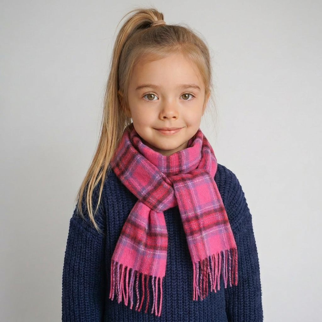 100% Cashmere Tartan Mini Scarf for Kids - Soft Children’s Luxury Scarf - BRIGHT PINK STEWART