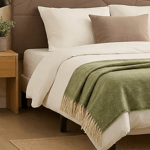 Recycled Wool Herringbone Blanket with Fringe - Soft Warm Throw - GREEN