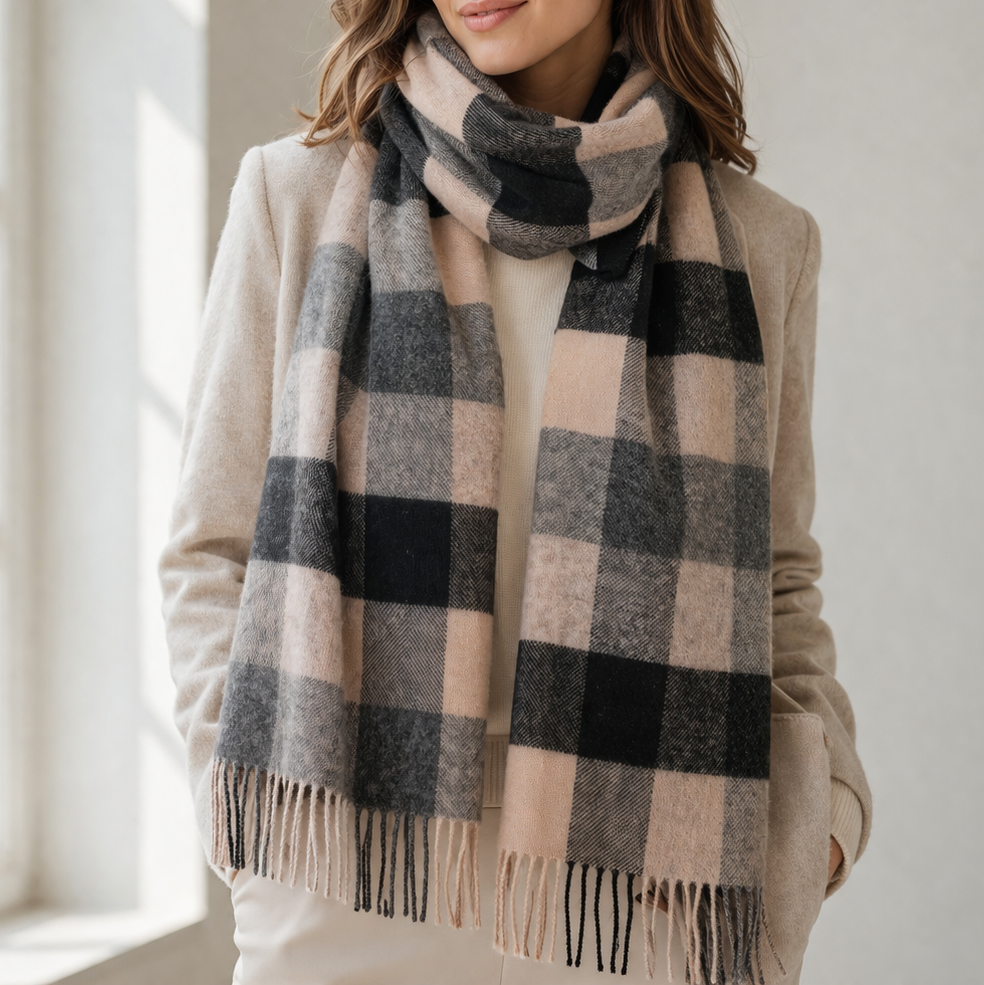 100% Lambswool Scarf – Traditional Tartan &amp; Check Designs - Made in Scotland - 5 Square Natural