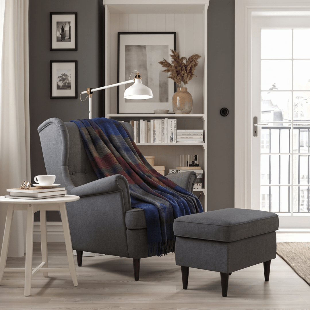 100% Pure Lambswool Blanket Throw – Luxury Soft Warm Wool Blanket - Home Décor - GRADED BLOCK CHECK INDIGO BLUE