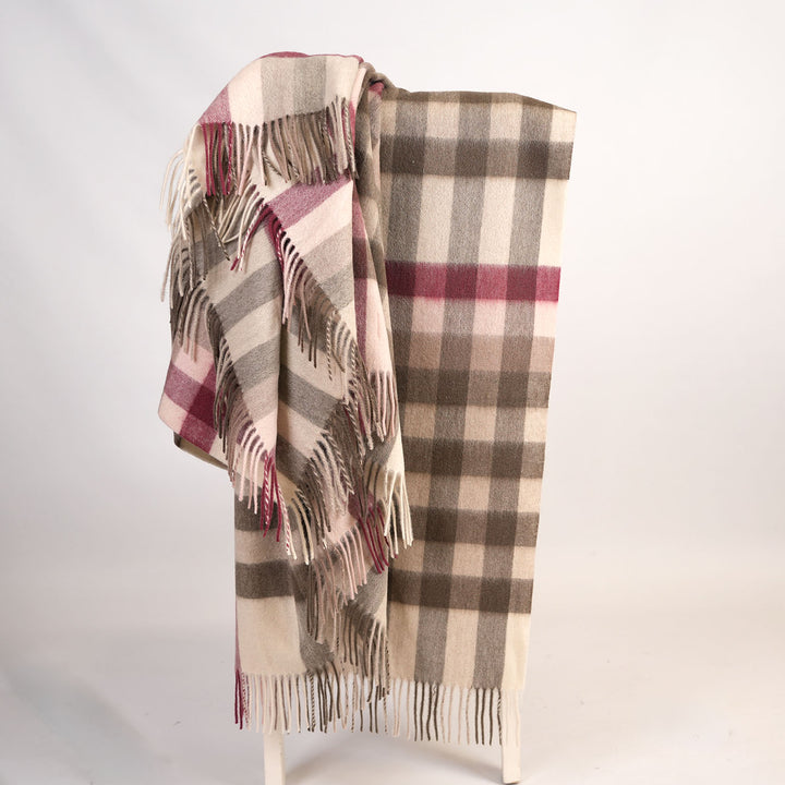 100% Pure Lambswool Blanket Throw – Luxury Soft Warm Wool Blanket - Home Décor - GIANT CHEQUER - PINK AND TAUPE