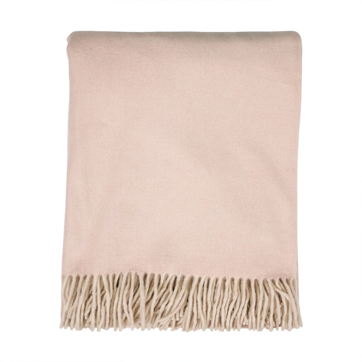 Highland Herringbone Wool Blend Throw Blanket with Tasselled Fringe - SOFT PINK