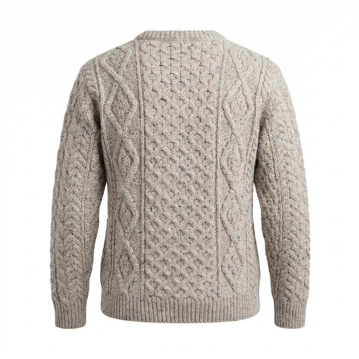Unisex Speckled Beige 100% Wool Aran Cable Knit Crew Neck Jumper – Made in Ireland | Skiddaw