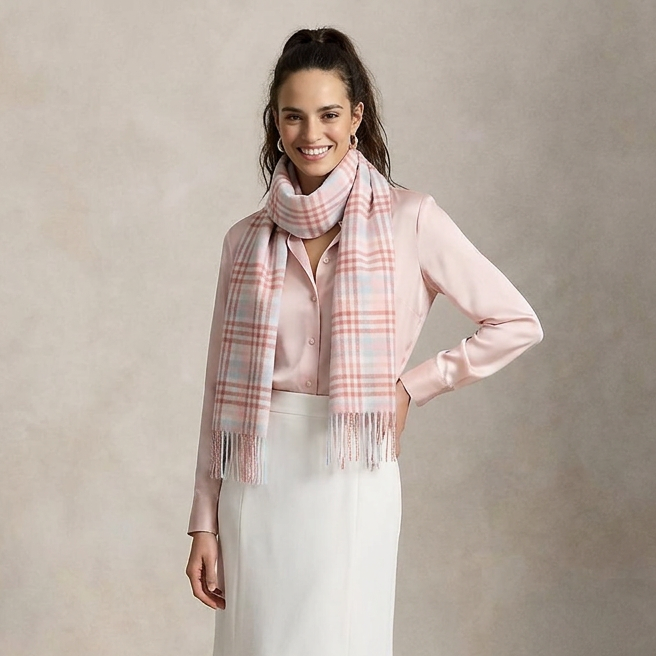 Edinburgh 100% Lambswool Scarf – Premium Soft Wool Wrap - Cluster Gingham Lilac - Pink - White