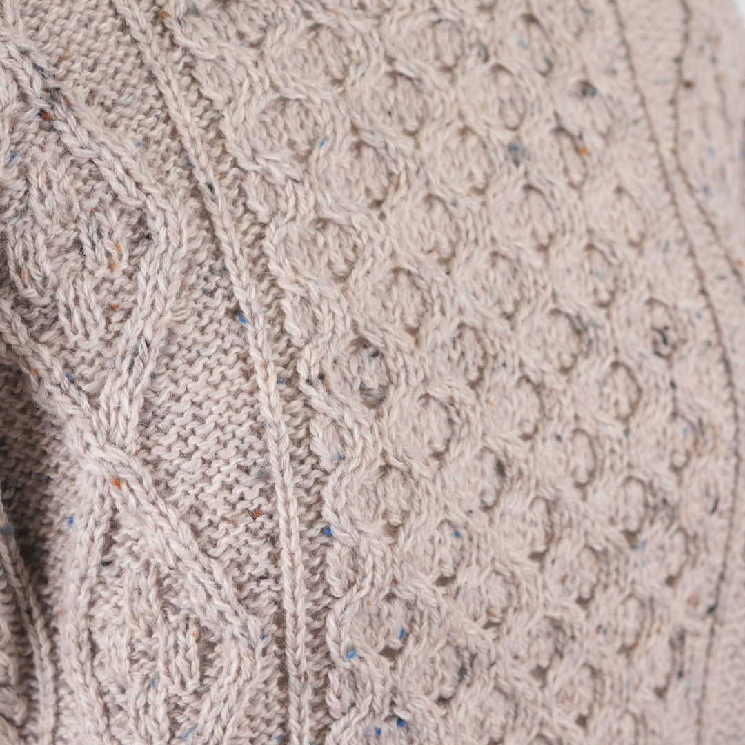 Unisex Speckled Beige 100% Wool Aran Cable Knit Crew Neck Jumper – Made in Ireland | Skiddaw