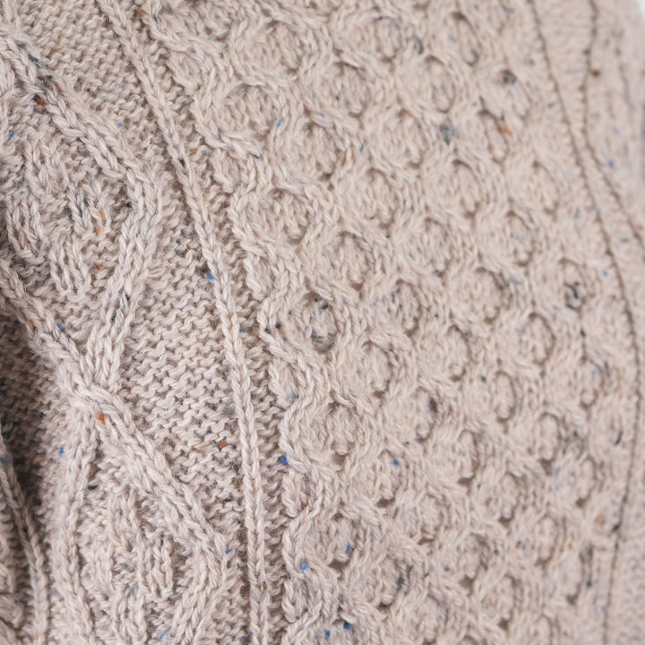 Unisex Speckled Beige 100% Wool Aran Cable Knit Crew Neck Jumper – Made in Ireland | Skiddaw