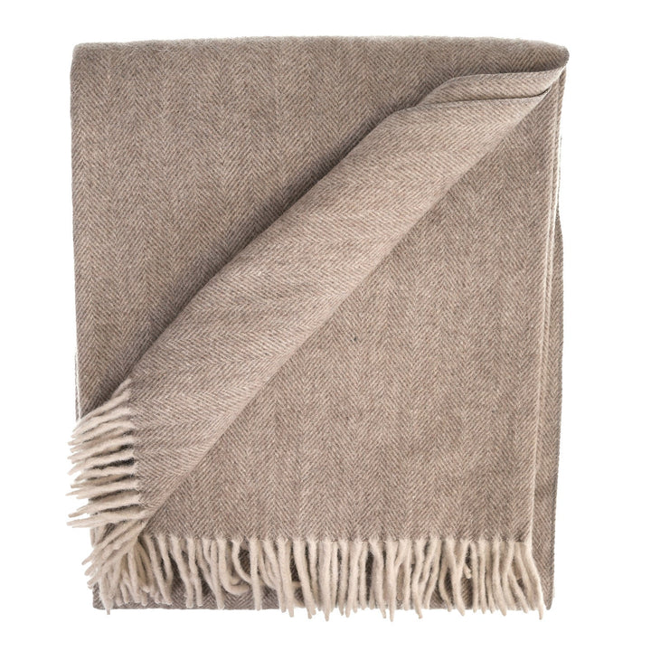 Recycled Wool Herringbone Blanket with Fringe - Soft Warm Throw - TAUPE