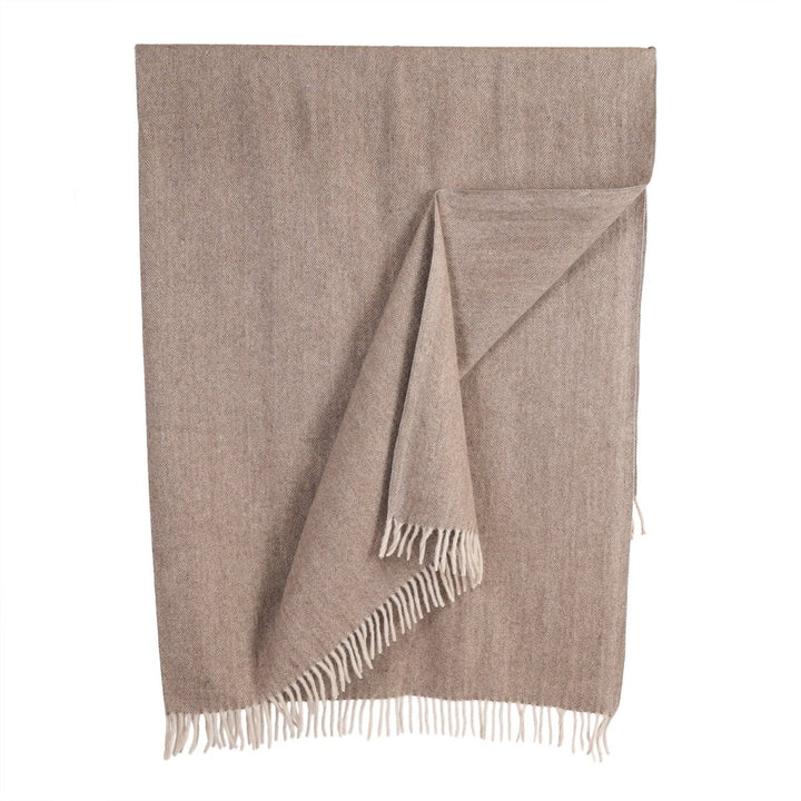 Recycled Wool Herringbone Blanket with Fringe - Soft Warm Throw - TAUPE