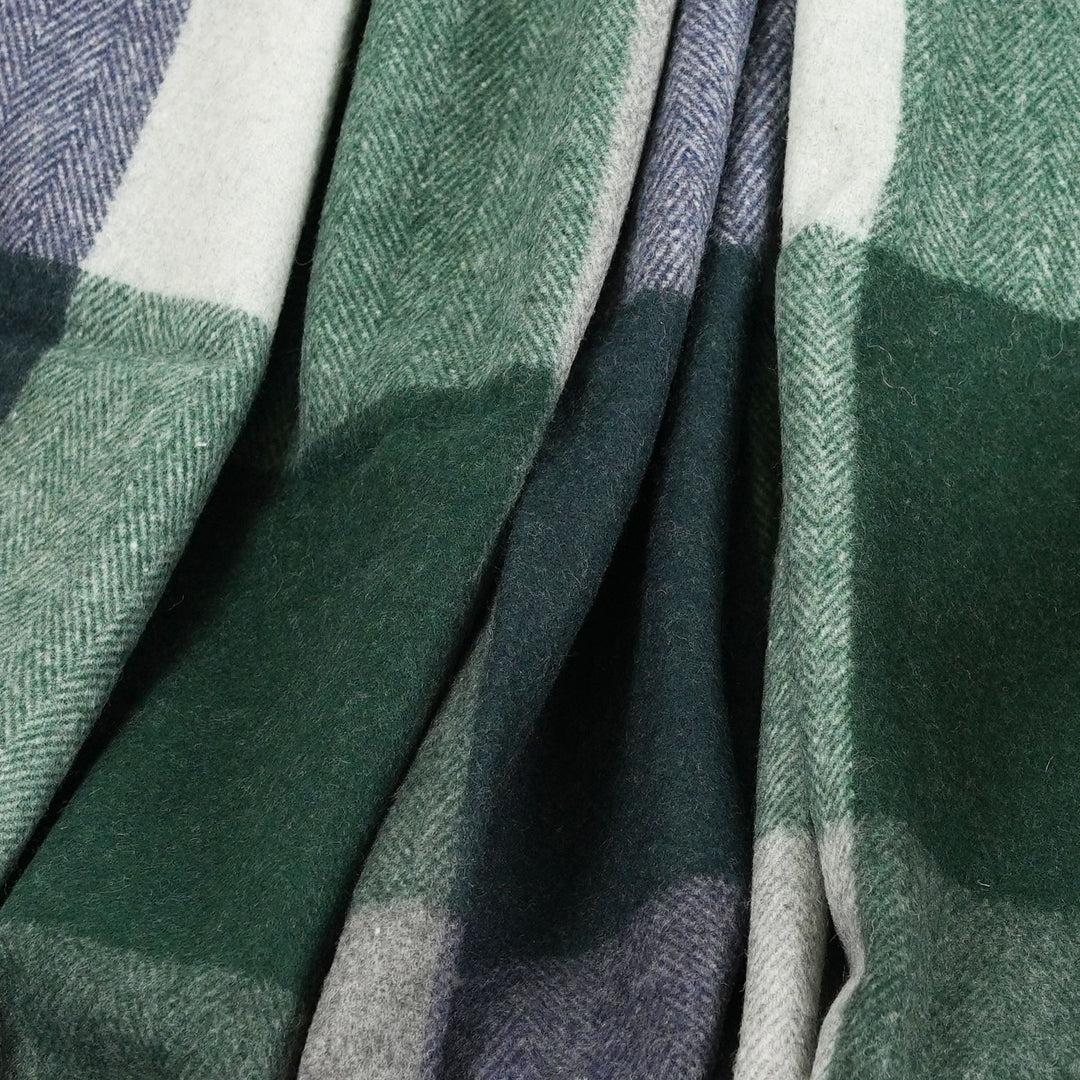 Highland Earth Tone Block Check Recycled Wool Blend Blanket - GREEN NAVY