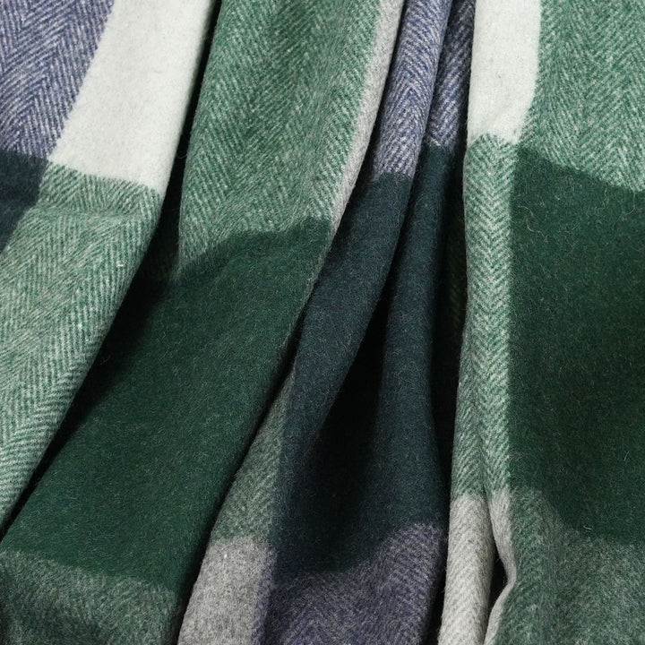 Highland Earth Tone Block Check Recycled Wool Blend Blanket - GREEN NAVY