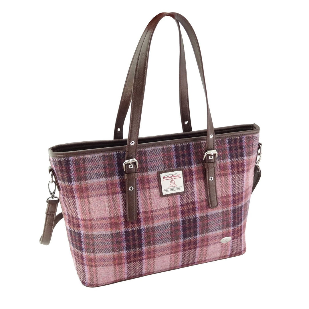 Harris Tweed Spey Tote Bag - Large Adjustable Shoulder Tote - Pink/Burgundy Check (COL154)