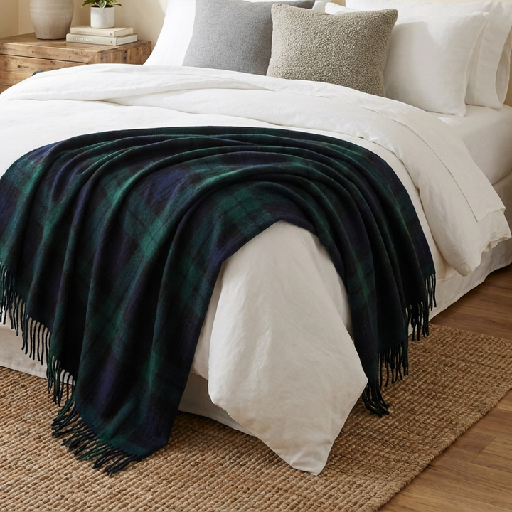 Highland Wool Blend Tartan Blanket Throw – Extra Warm Scottish Wool Blend – BLACK WATCH