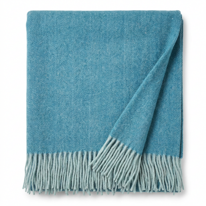 Highland Herringbone Wool Blend Throw Blanket with Tasselled Fringe - TURQUOISE